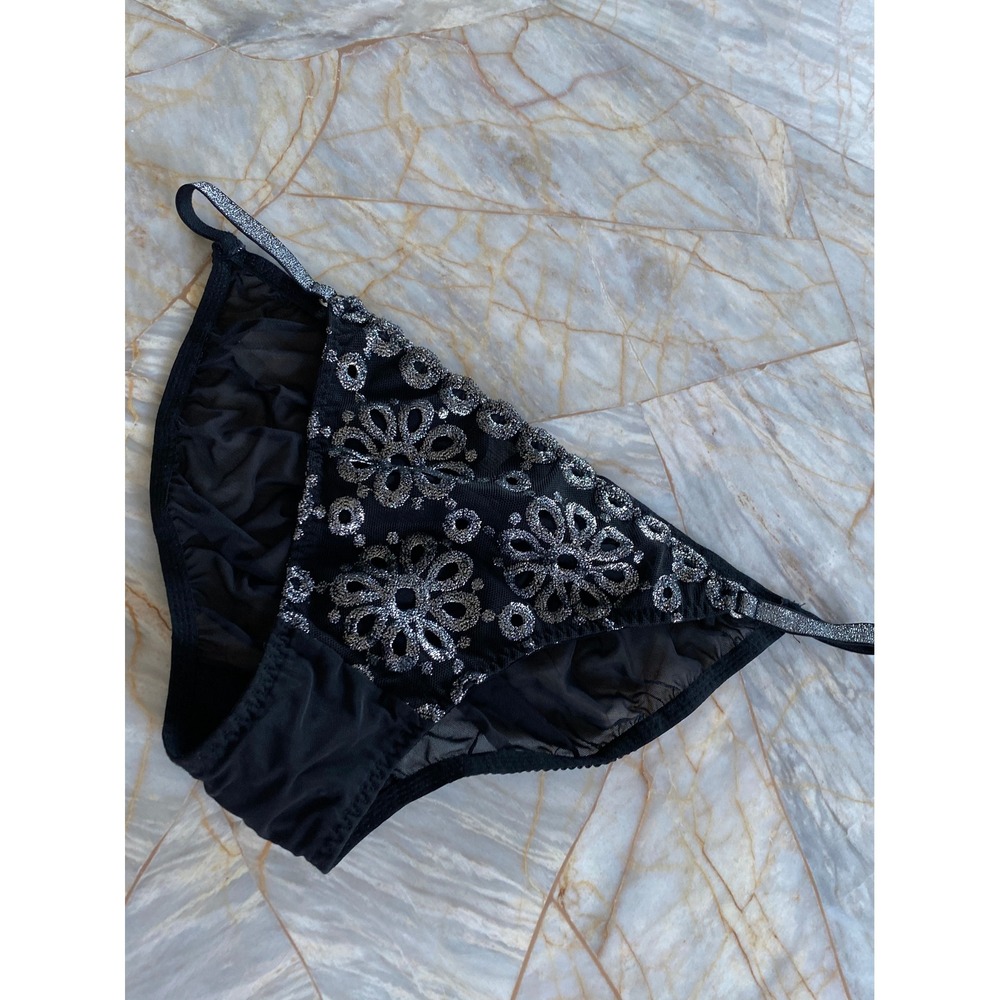Black Sheer Mesh Bikini Panties Silver Metallic Floral Embroidery Low Rise